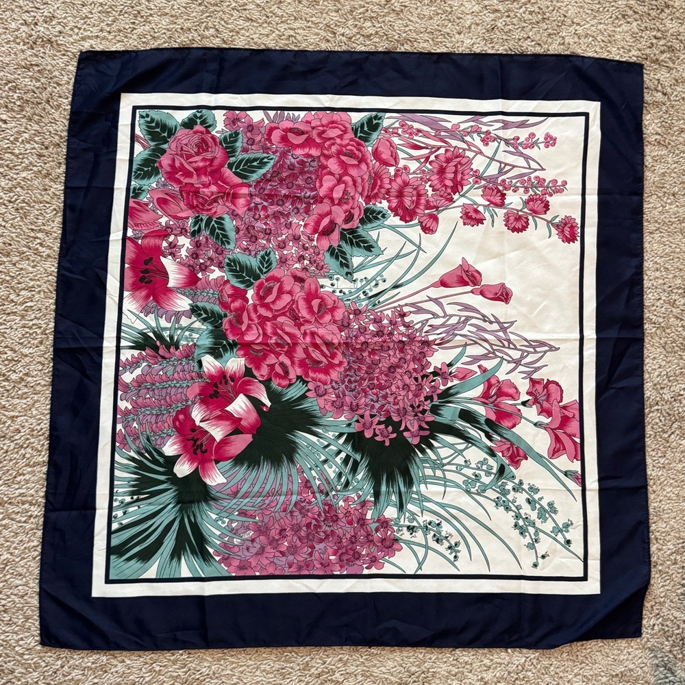 Pink Floral Scarf with Navy Border, 100% Polyester, 27 inch, In Great Condition